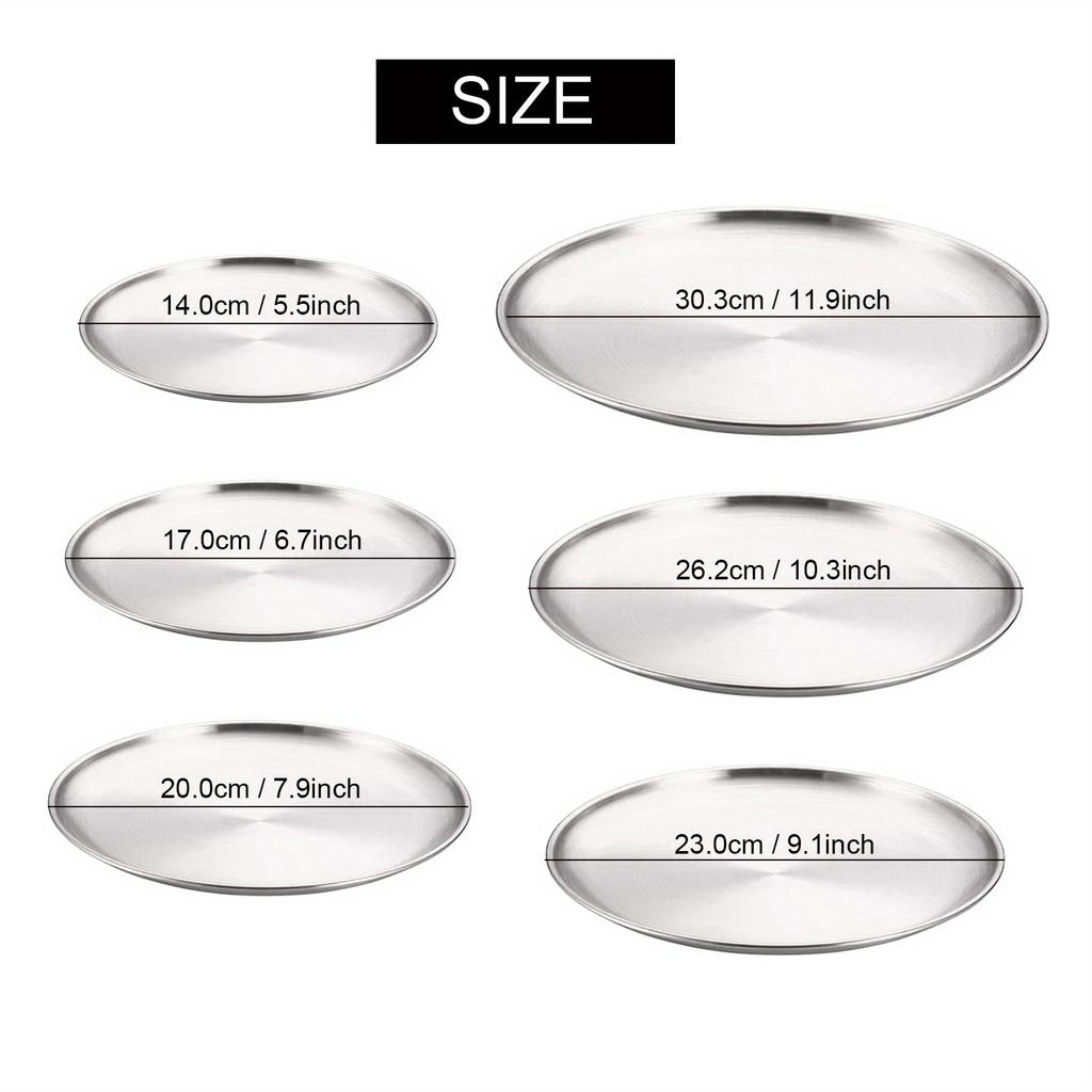 2Pcs Stainless Steels Round Silver Shallow Tray Plate Rust-Proof 14/17/20/23/26/30cm Camping Plate BBQ Picnic Dishes Cookware
