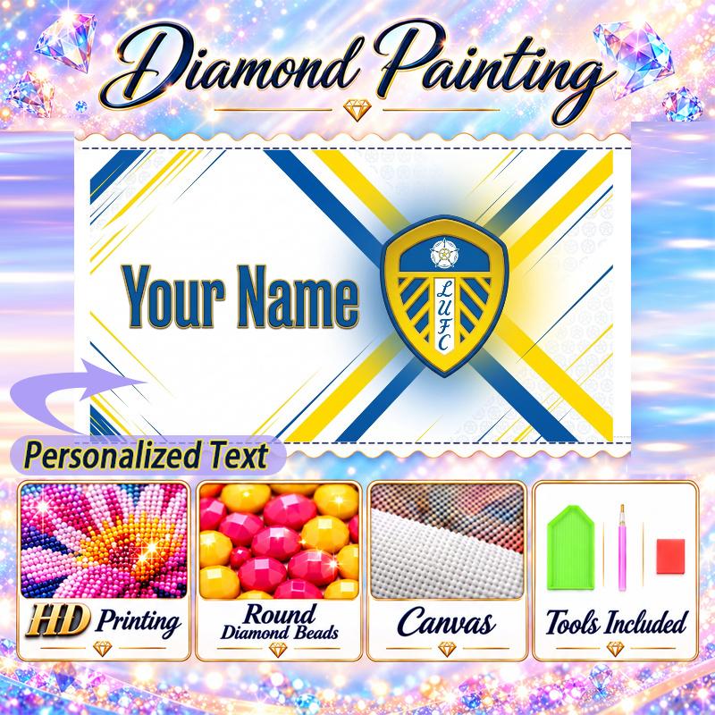 Leeds United FC 5D DIY Diamond Painting Custom Name Text, Full Drill Rhinestone Mosaic Art Home Gift