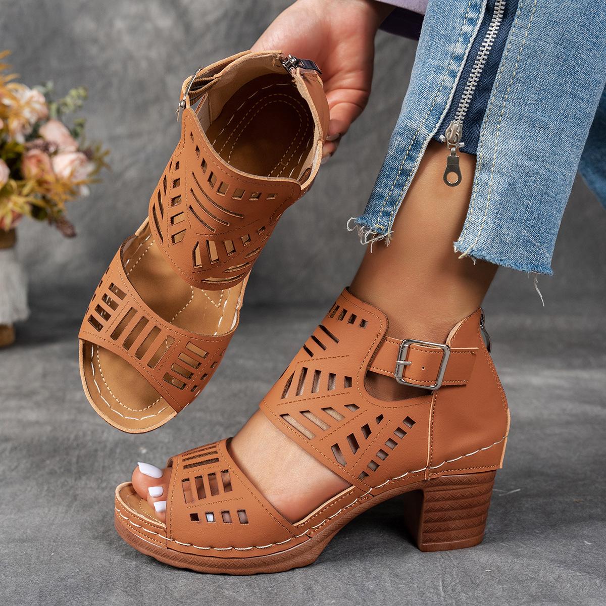 Women s Solid Color Round Toe Block Heel Sandals, Single Buckle Strap Plus Size Summer Fashion Shoes 36 коричневый