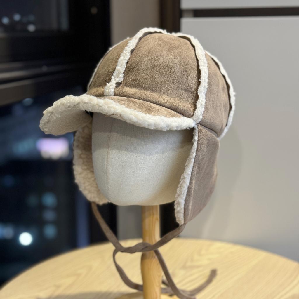 Sherpa Baseball Cap with Ear Flaps Korean Style Drawstring Suede Peak Trapper Inspired Winter Hat