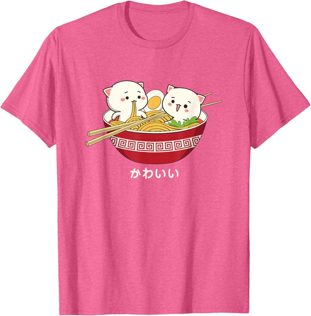 Kawaii Cat Ramen Eating Noodle Graphic Tee Cute Japanese Animal Lover Cotton T-Shirt For Unisex Teens