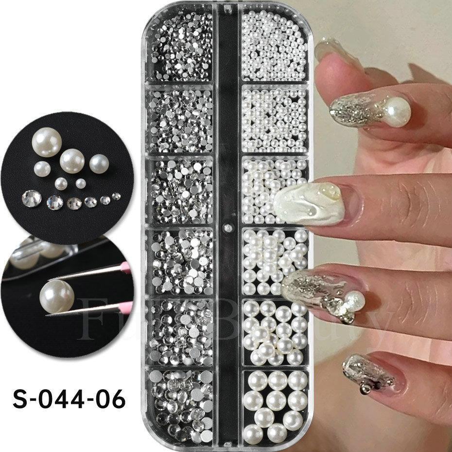Nail Art Jewelry, Maillard Color Pearl Flat-Bottomed Diamond Steel Ball Diy Nail Jewelry Mixed