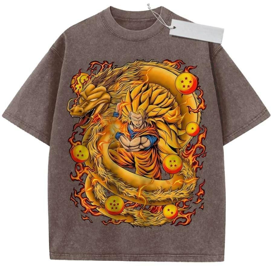 Summer Mens Black Washed T Shirt Dragon Ball Z Super Saiyan Goku Golden Dragon Dragon Balls Flames High Quality