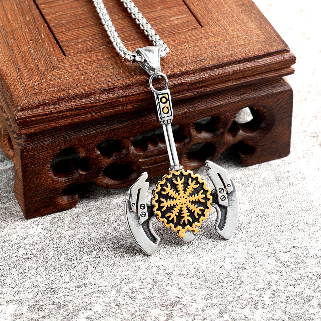 Nordic Style Viking Stainless Steel Double-Headed Axe and Snowflake Pendant.