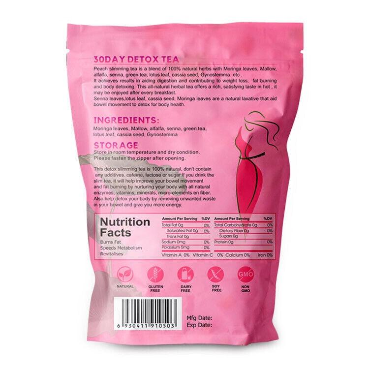 Slim 30-Day Detox Tea, Fit Tea Slimming (Peach Flavor), Fat Burn 30sachets/box
