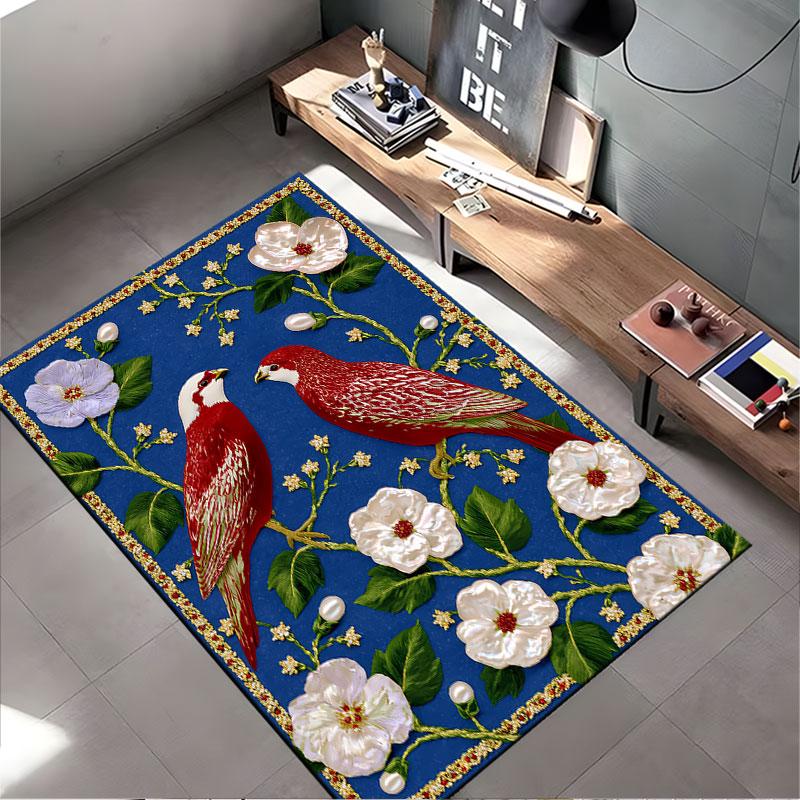Red Birds and Floral Design Carpet suitable as a non-slip mat for the living room or bedroom sofa