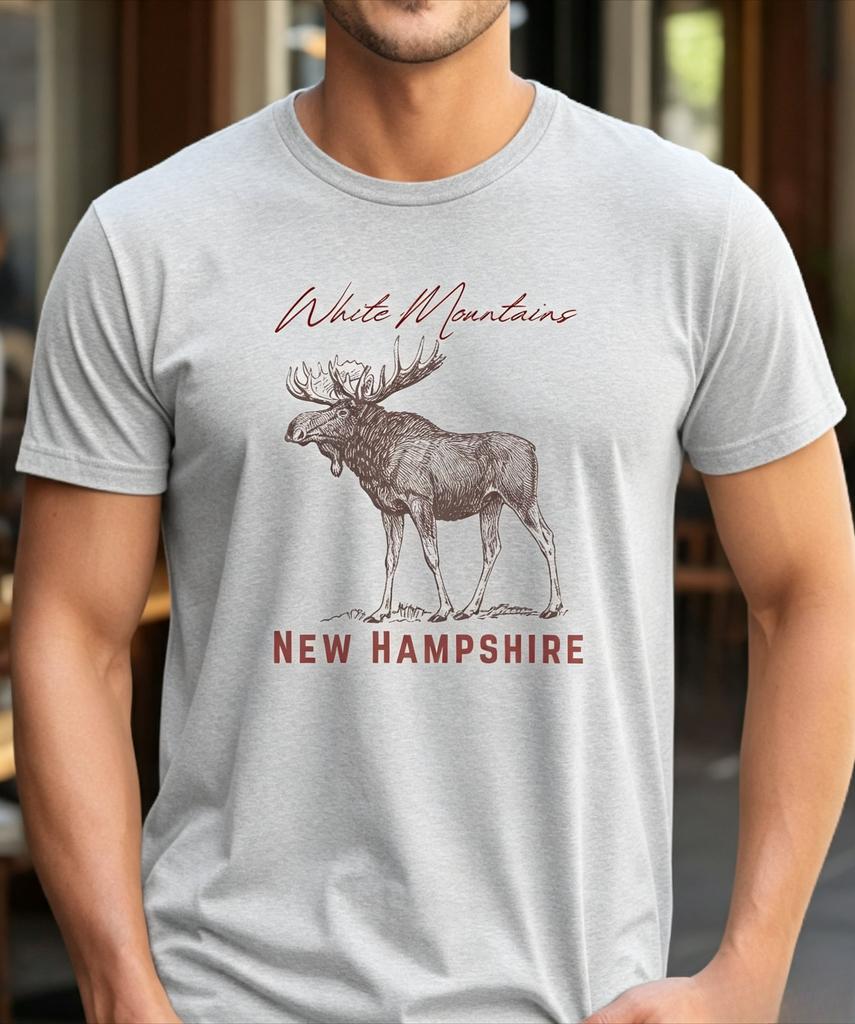 White Mountains New Hampshire Moose Tee Shirt Wildlife Graphic Nature Lover Gift Outdoor Adventure Apparel Forest Animal Top