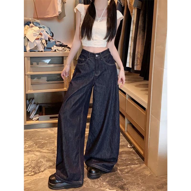 American High Street Women's Wide-Leg Washed Jeans - High Waist, Loose Fit, Floor-Length Autumn Pants