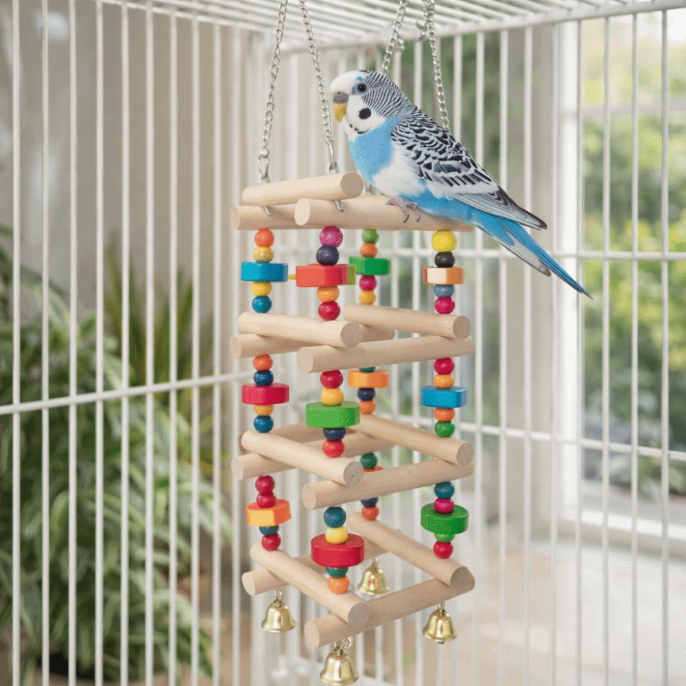 Colorful Wooden Parrot Chew Toys Bite Resistant Hanging Bird Cage Standing Multi Layer with Bells Bird Climbing Ladder