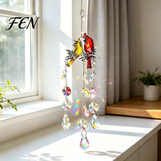Sophisticated Room Ornament Cardinals Faux Crystals Suncatcher, Hanging Sun Catcher for Windows, Bird Wind Elegant Window Prism Chimes with