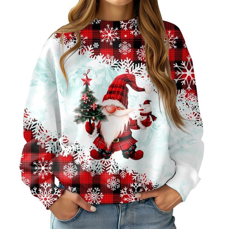 Christmas Round Neck Long Sleeved Pullover Comfortable Warm Loose 3D Printed Cute Santa Claus Snowflake Pullover
