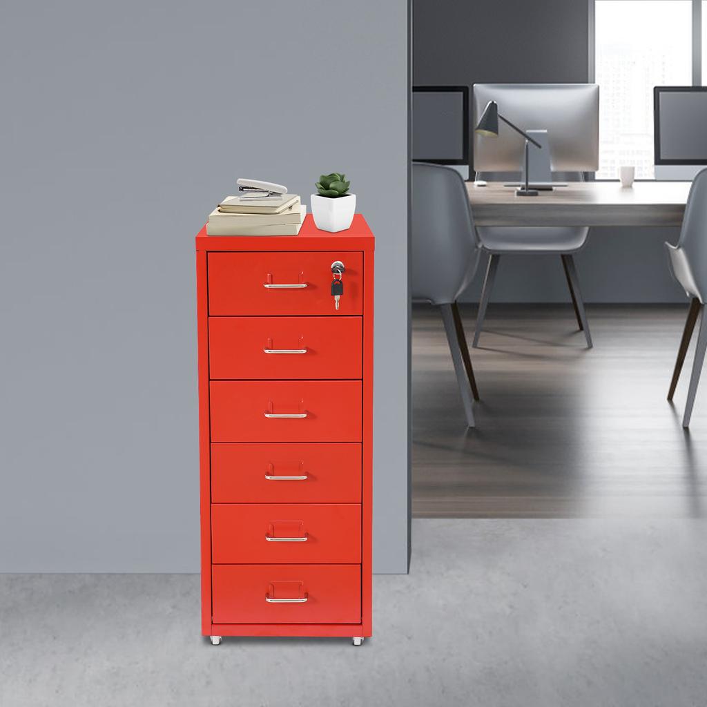 6 Tier Vertical Locking File Cabinet on Wheels, Red Metal Storage, Document Filing with 2 Keys, Multi-Layer Letter Size Cabinet