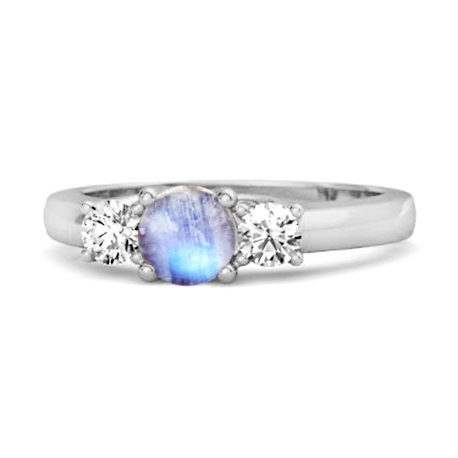 Moonstone Round Three Stone Ring- 925 Sterling Silver 7.5 белого золота