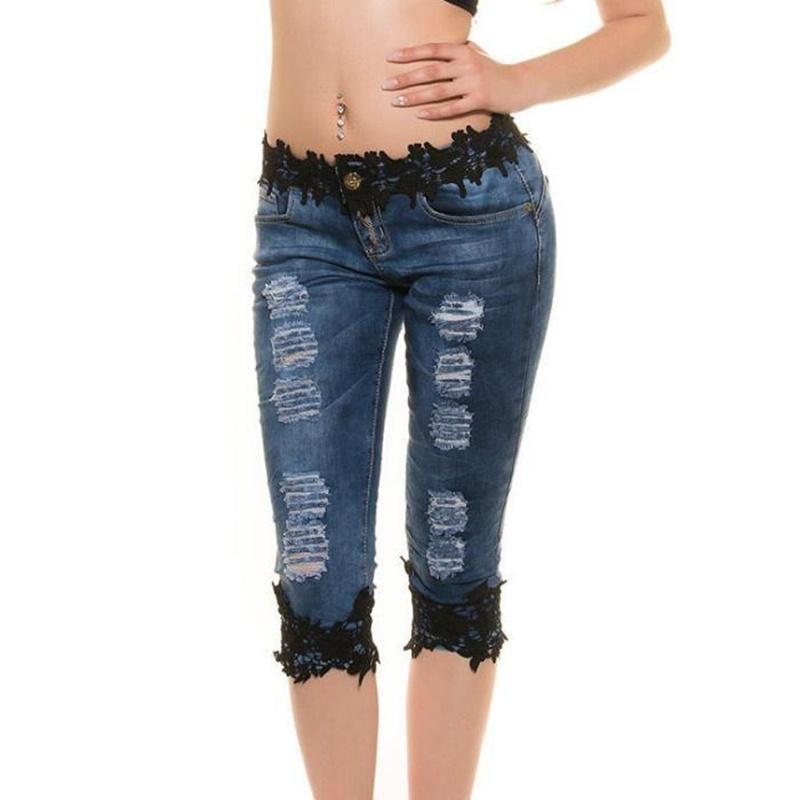 Stylish Women Jeans Lace Elastic Casual Big Size Cowboy Denim Shorts For Daily Wear