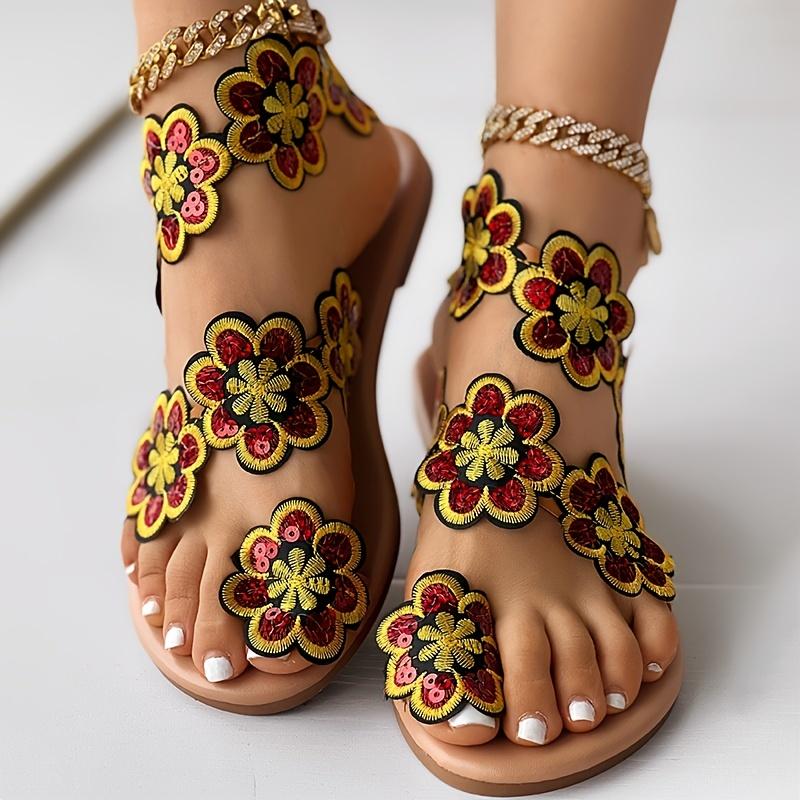 Flower Ladies Sandals Set Toe Rivet Flat Women's Shoes Vacation Plus Size Shoes