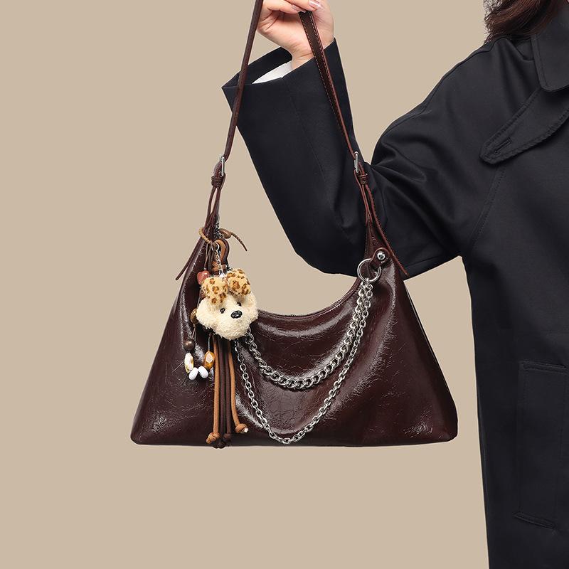 ins style brown soft leather bag with chain popular shoulder bag doll pendant retro Korean loose messenger bag