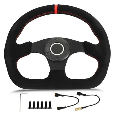 D Shape Steering Wheel 12.8in Suede Leather Race Style Steering Wheel with Red Stitch and Horn Button