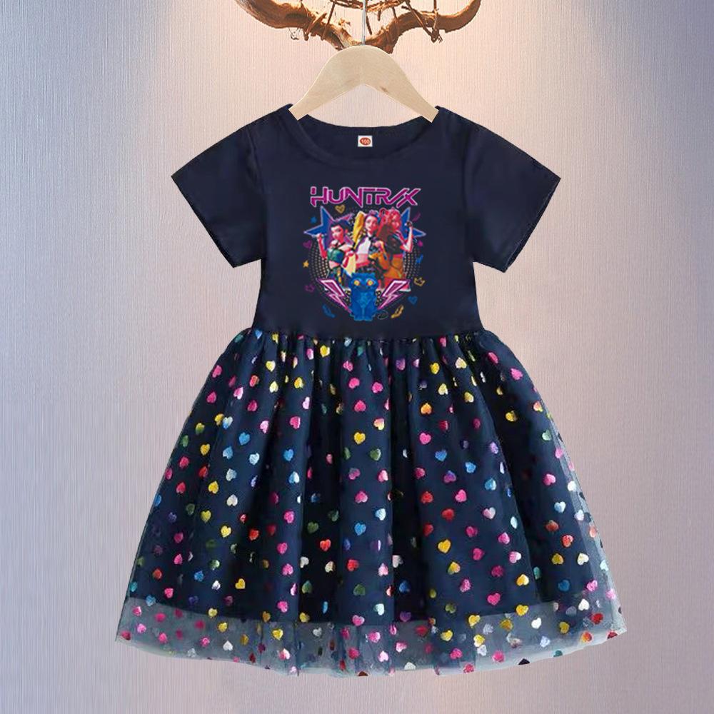 Cute Huntrix Girls Short Sleeve Dress Cartoon Band Print Colorful Heart Tulle Skirt Kids Casual Princess Tutu Dress for Daily Holiday Birthday Party