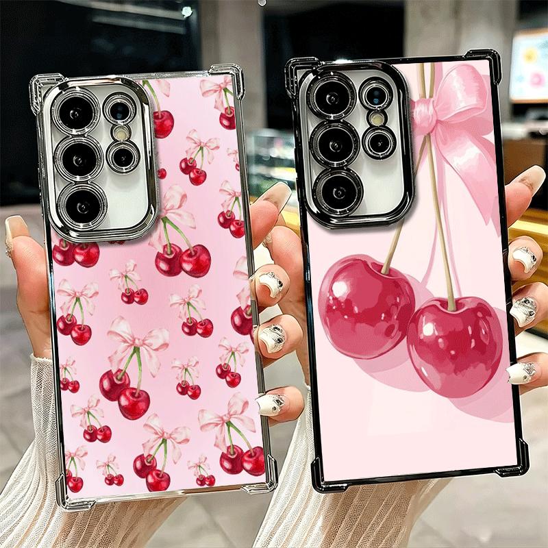 Cherry Bow Sweet Soft Phone Case For Samsung Galaxy S26 Ultra S25 Edge S24 FE S23 Plus S22 S21 + S20 Plating Anti-Fall Fundas