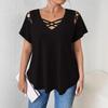 2026 European & American Casual Women's V-neck Solid Color Short Sleeve Cross Strap T-shirt