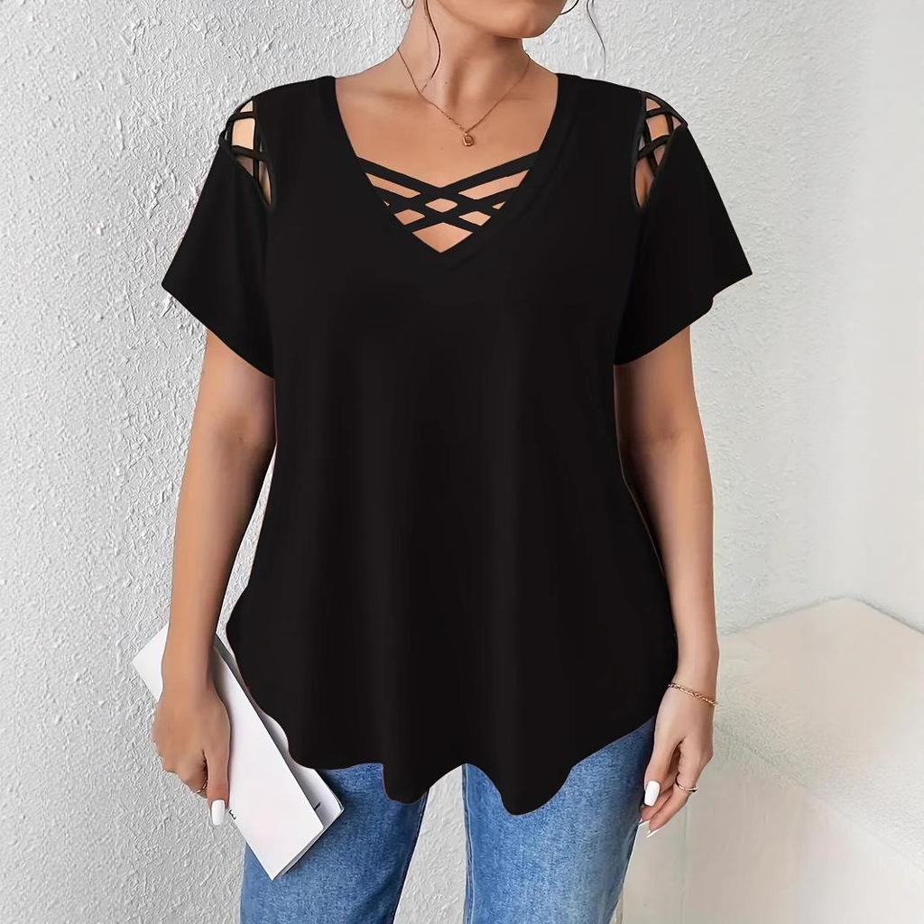 2026 European & American Casual Women's V-neck Solid Color Short Sleeve Cross Strap T-shirt