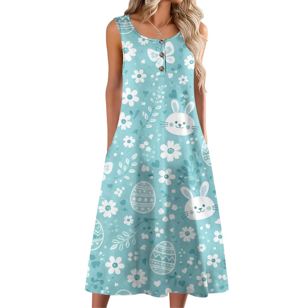 Women Fashion Casual Sleeveless Button Easter Print Dress With Pocket