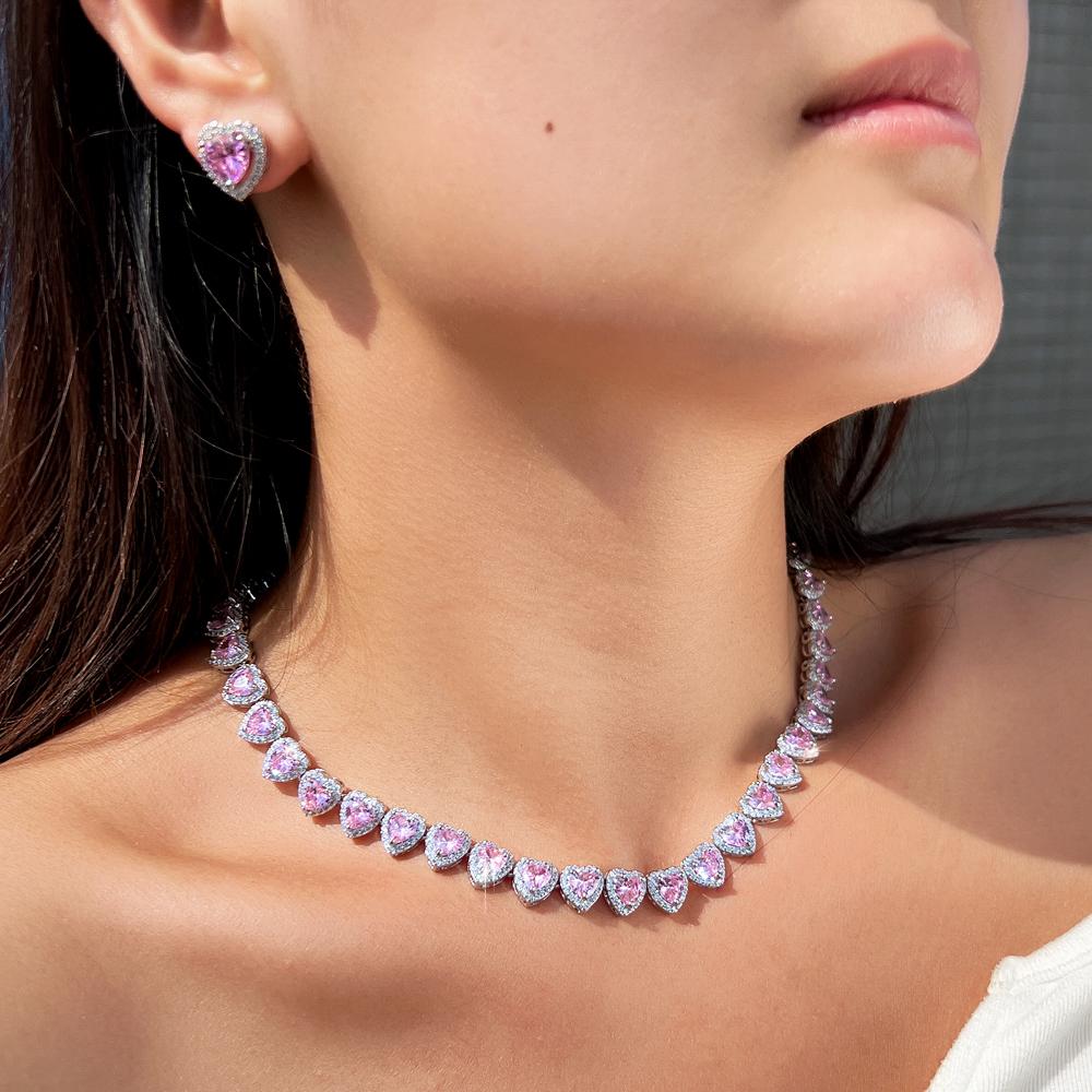 Trendy Jewelry Brass Silver Plated Jewelry Set Pink Iced CZ Ring Earrings Necklace Cuban Tennis Heart Shaped Woman Jewelry Set