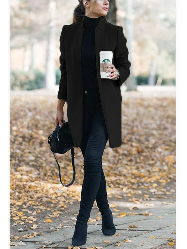 

2024 Осень/Зима Европейское и Американское Однотонное Шерстяное Пальто со Стойкой 2XL чёрный