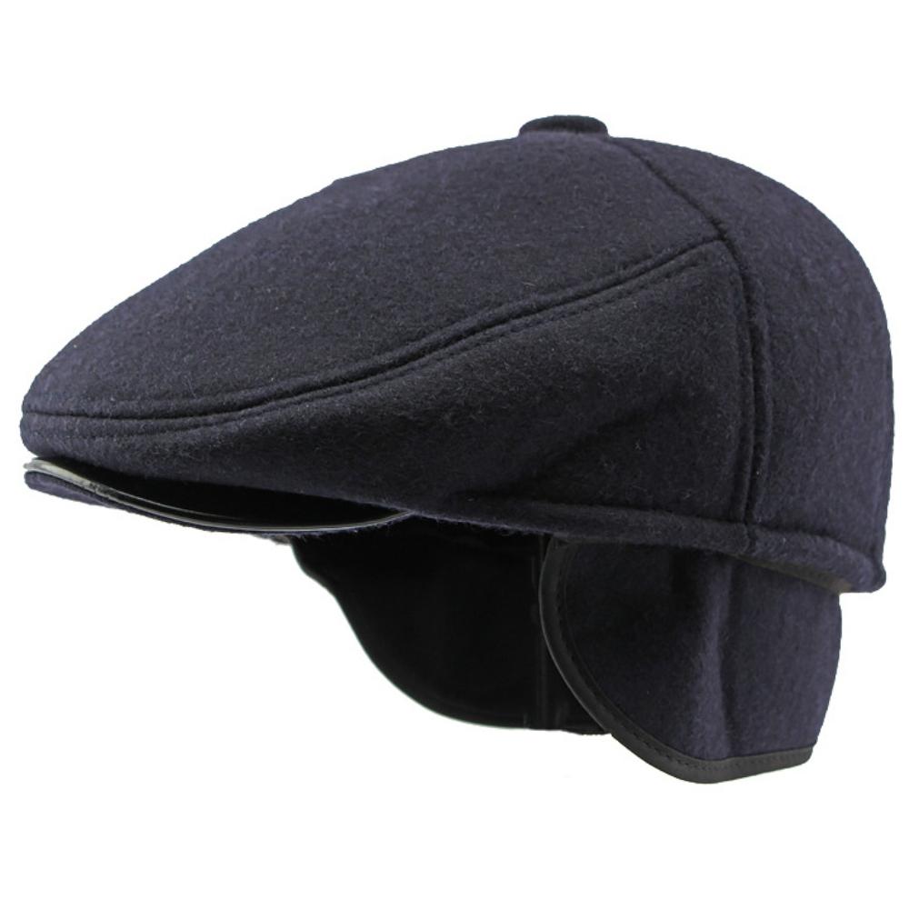 

HT4287 Berets Thick Warm Winter Caps for Men Solid Black Grey Flat Cap Male 5 Panels Wool Beret Hat with Ear Flaps Beret Caps L 58-60cm темно-синього кольору