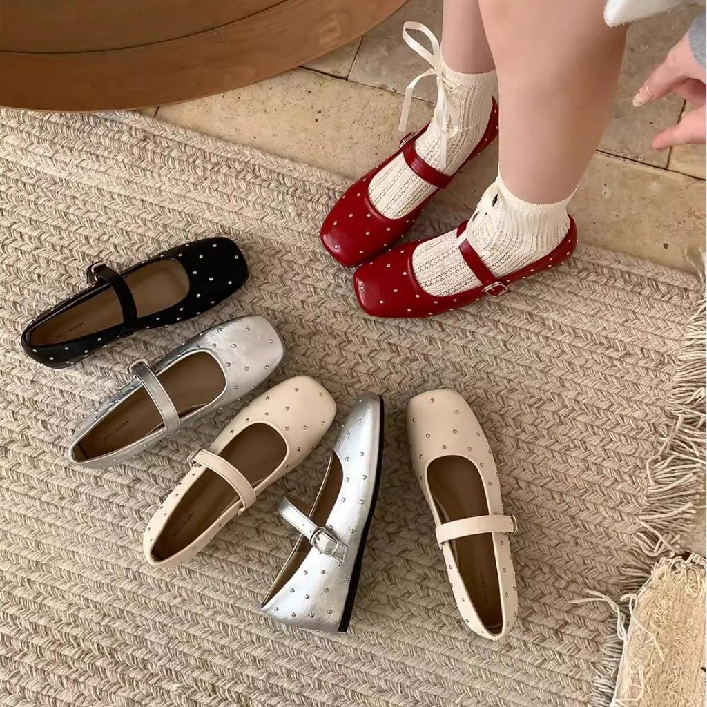 "Spring Cherry" Vintage Gypsy Star Riveted Ballet Single Shoes Women's Spring and Autumn Height Increase Shallow Mouth Mary Jane Shoes