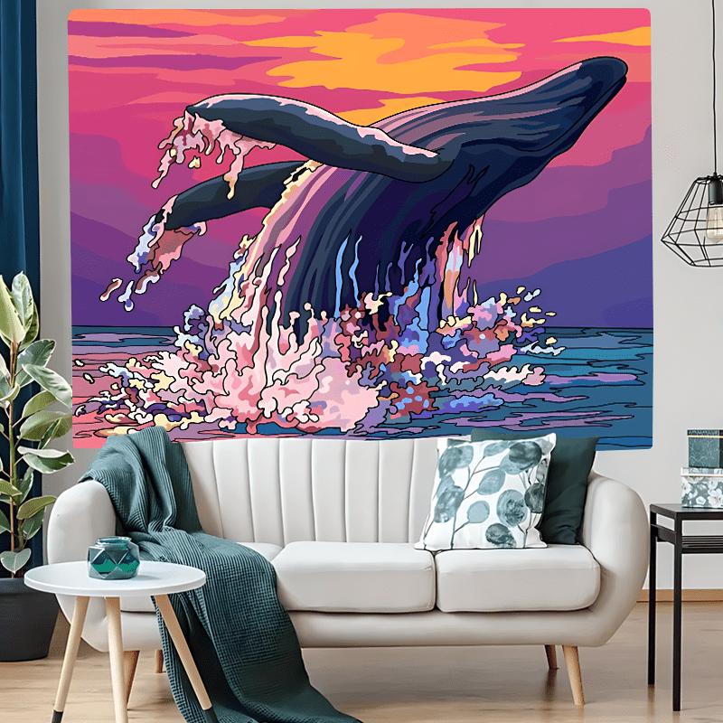 Whale Sunset Tapestry Wall Hanging Polyester Fiber Anime Sea Landscape Room Decor for Bedroom Dorm Living Room