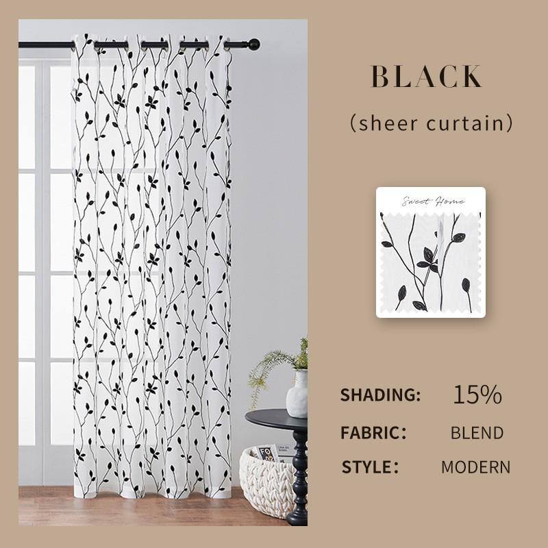 Leaf Embroidered Sheer Curtain Panel Bedroom Living Room Modern Minimalist Light Filtering Window Treatment