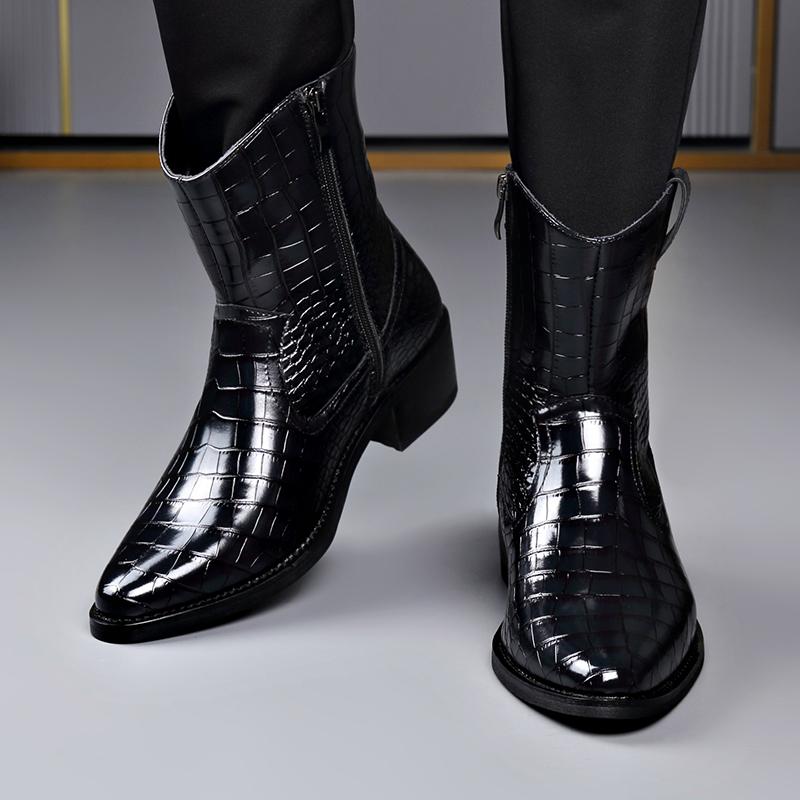2026 Men's Crocodile Genuine Leather Chelsea Boots Black Pointed Toe Warm Lined Zip-Up Ankle Boots for Business Casual & Winter