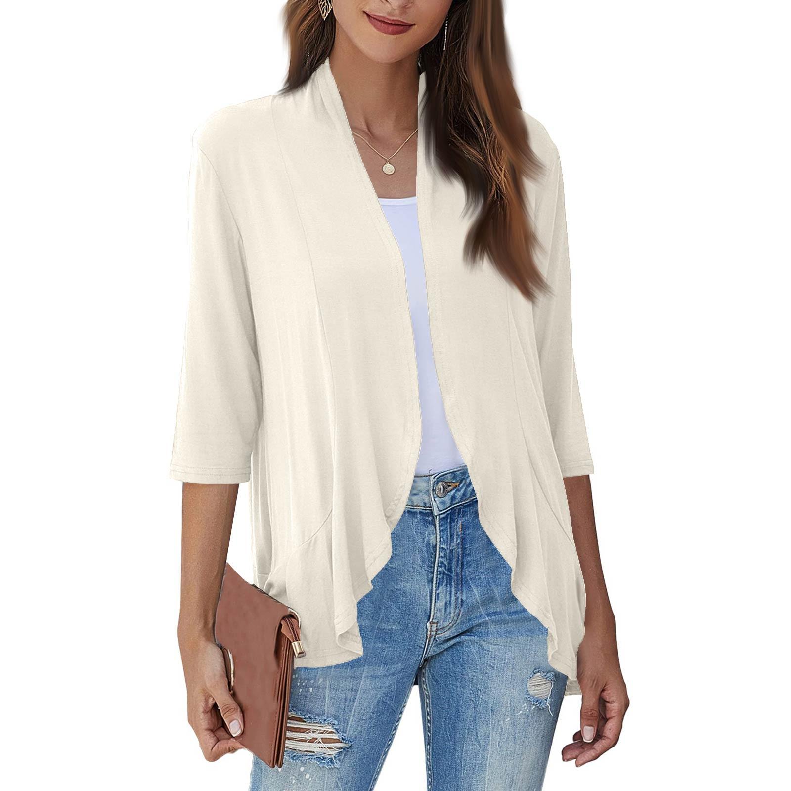 

Women s Fashion Casual Seven Minute Sleeve Solid Color Ruffle Cardigan Top L бежевий