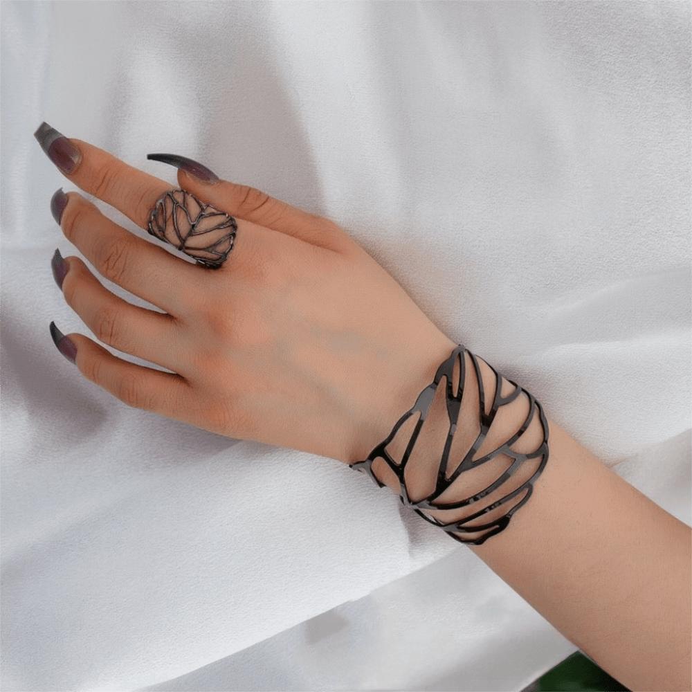 Stylish Hollow Leaf Bangle Elegant Retro Jewelry Set Trendy Open Bangle Ring Set  Women