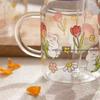 Bubble Texture Glass Cup with Flower Rabbit Print Lid Straw Included For Home Milk Dessert Coffee Daily Use