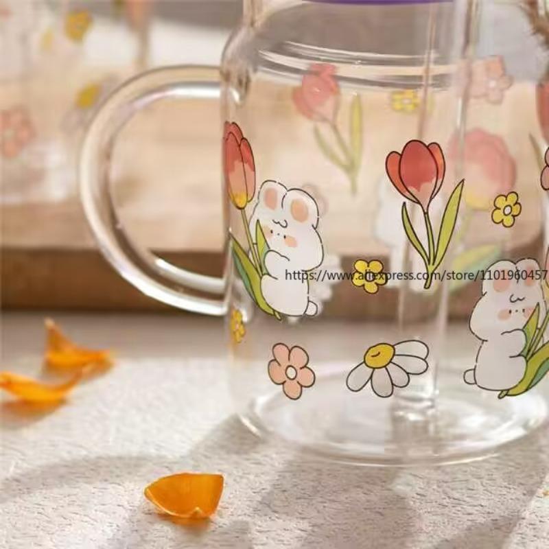 Bubble Texture Glass Cup with Flower Rabbit Print Lid Straw Included For Home Milk Dessert Coffee Daily Use