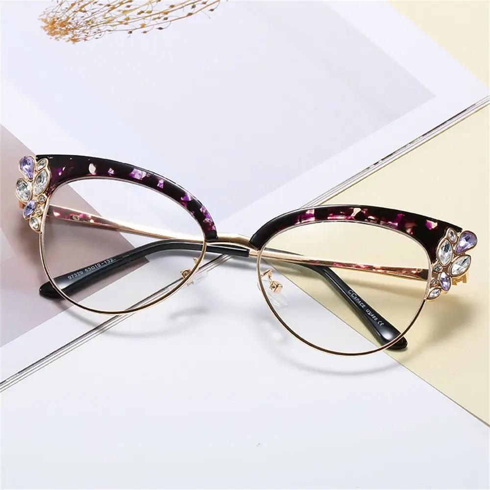 Fashion Style Luxury Design Diamond-studded Anti-blue Glasses Women's Vintage Style Cat Eye Eyeglasses Glasses Frame Trend Personality Flat Mirror