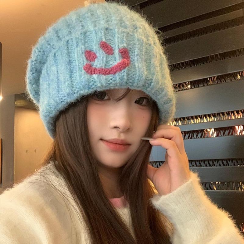 Forest recommended smiley face wool stacking hat big head circumference autumn and winter wind simple warm knitted wool hat