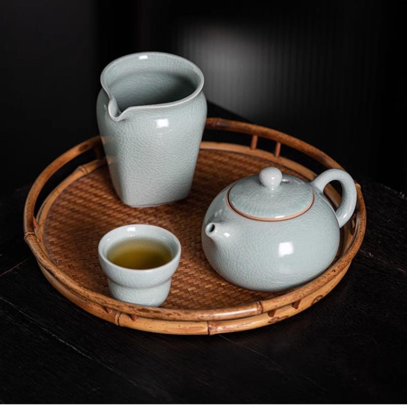 Powder Green Ru Kiln Teapot Single Pot High-grade Bright Glaze Ru Porcelain Retro Household Ceramic Kung Fu Tea Set