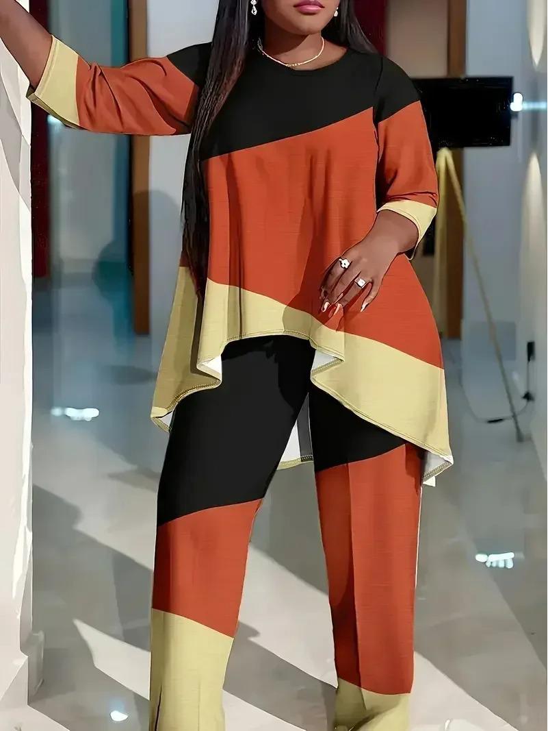 

Женский комплект из двух частей большого размера с цветными блоками и круглым вырезом 4XL оранжевый