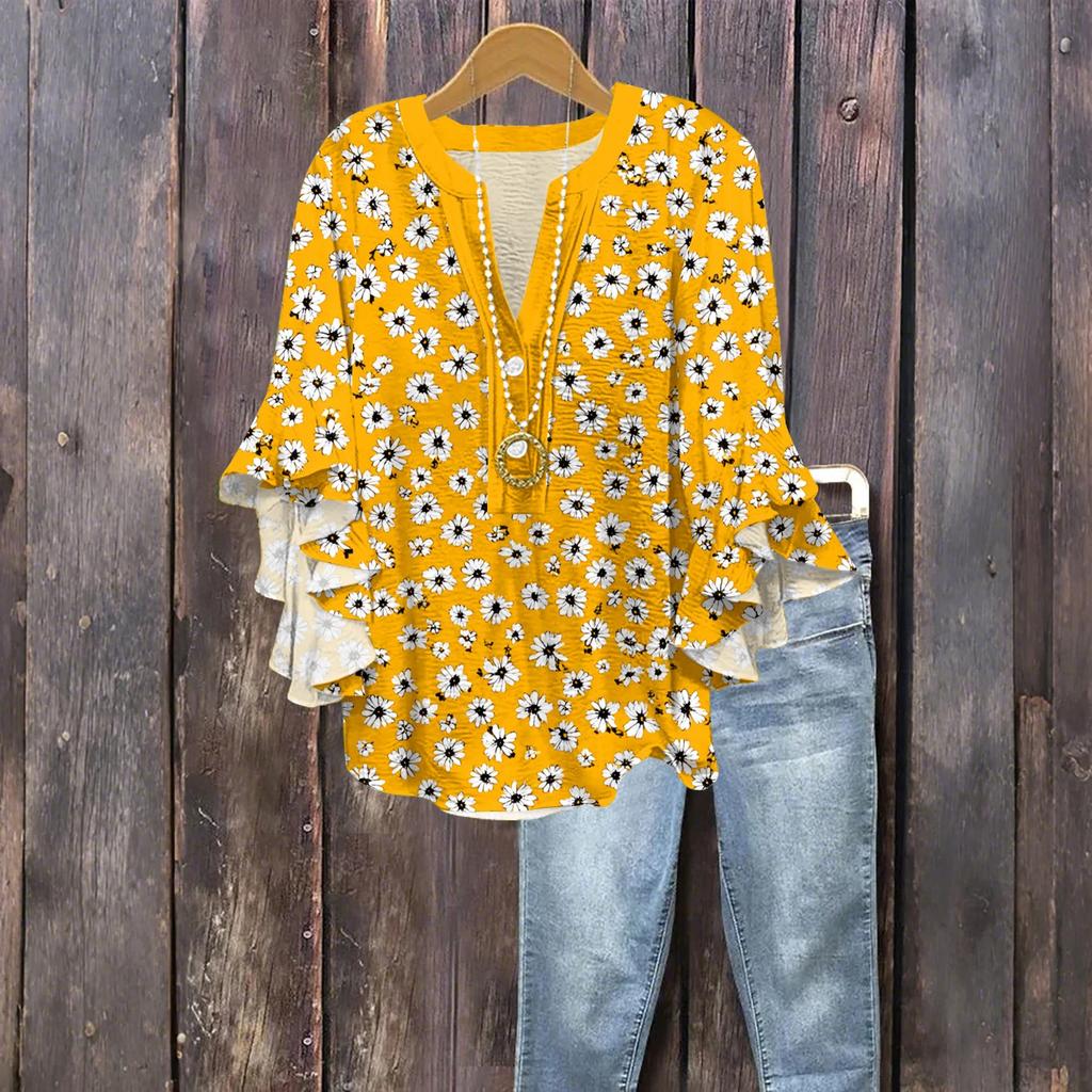 Women's Fashion Button V-Neck Ruffle Seven Sleeve Blouse Floral Printed Top