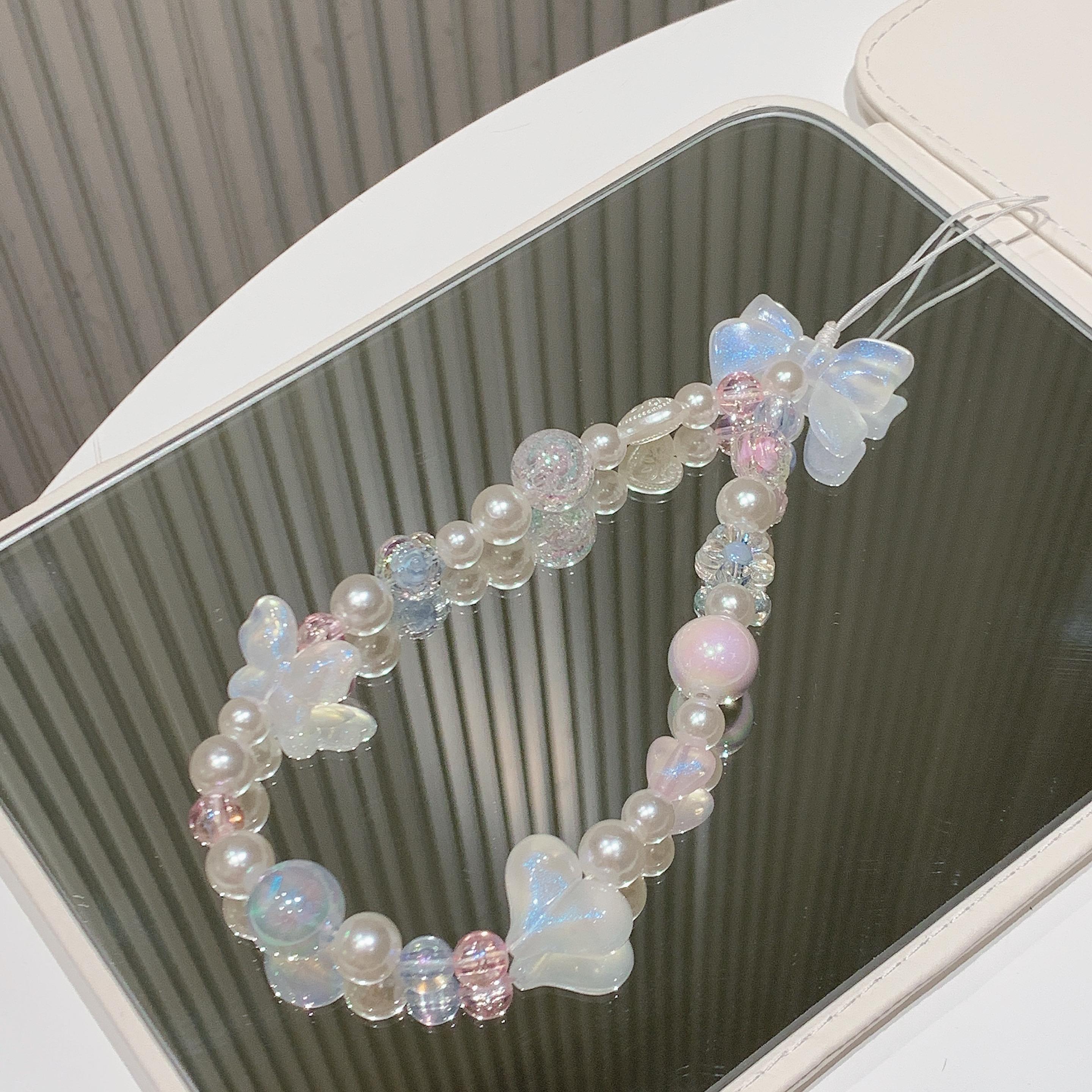 

Cute Heart Beaded Bracelet Acrylic Colorful Bowknot Flower Butterfly Sweet Pearl Mobile Phone Shell Accessories Anti-Lost Chain