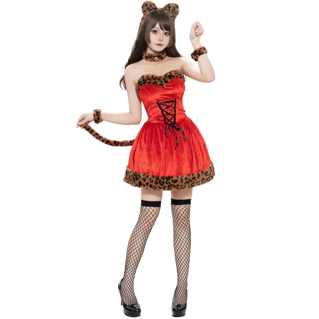 M-XL leopard print sexy Christmas dress, Christmas party clothing, chest-wrapped COS uniform, girls' Christmas clothing
