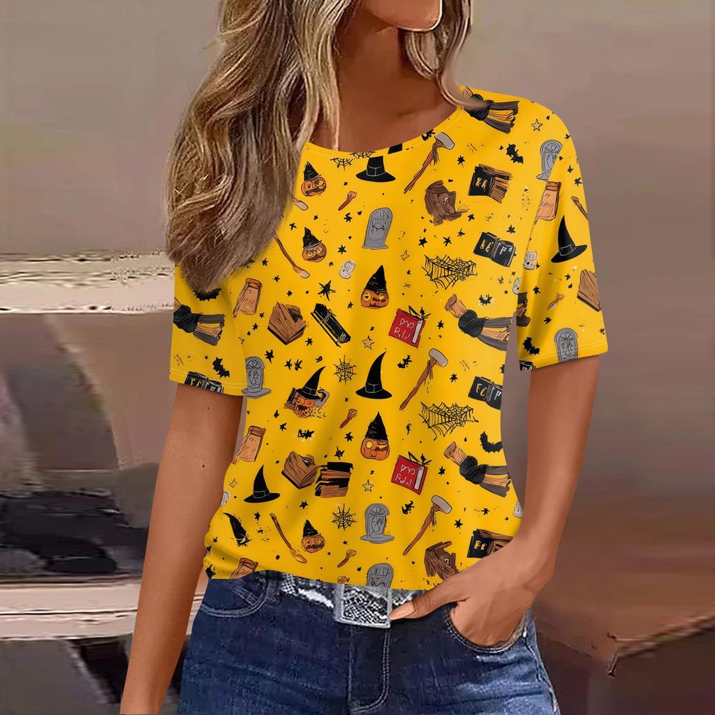 Women's Casual Short Sleeve Pullover Top Halloween Bat Pumpkin Print Round Neck Lightweight Shirt for Everyday Wear