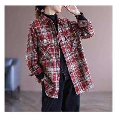 Plus Size High-End Women's Plaid Woolen Jacket Loose-Fit Plus Size Autumn Thickened Warm Shirt Large Brand Clothing