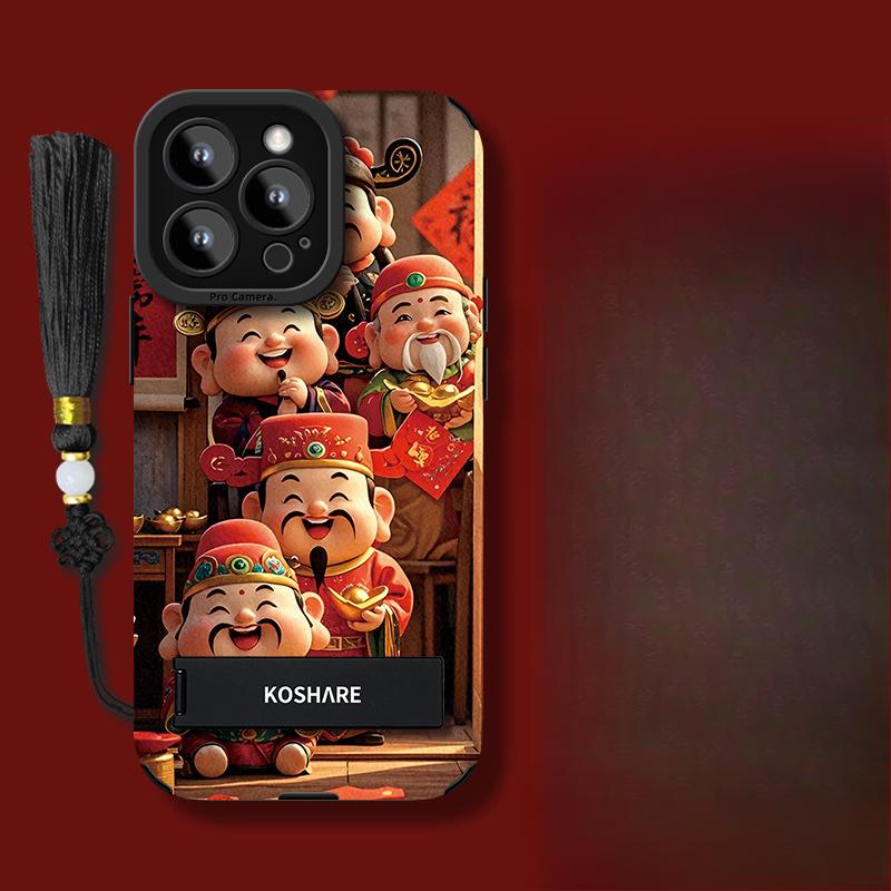 Five-way God of Wealth Bracket Uses Apple 16pro New Year Mobile Phone Case 15 Fur 14 National Trend 13/12 Anti-fall