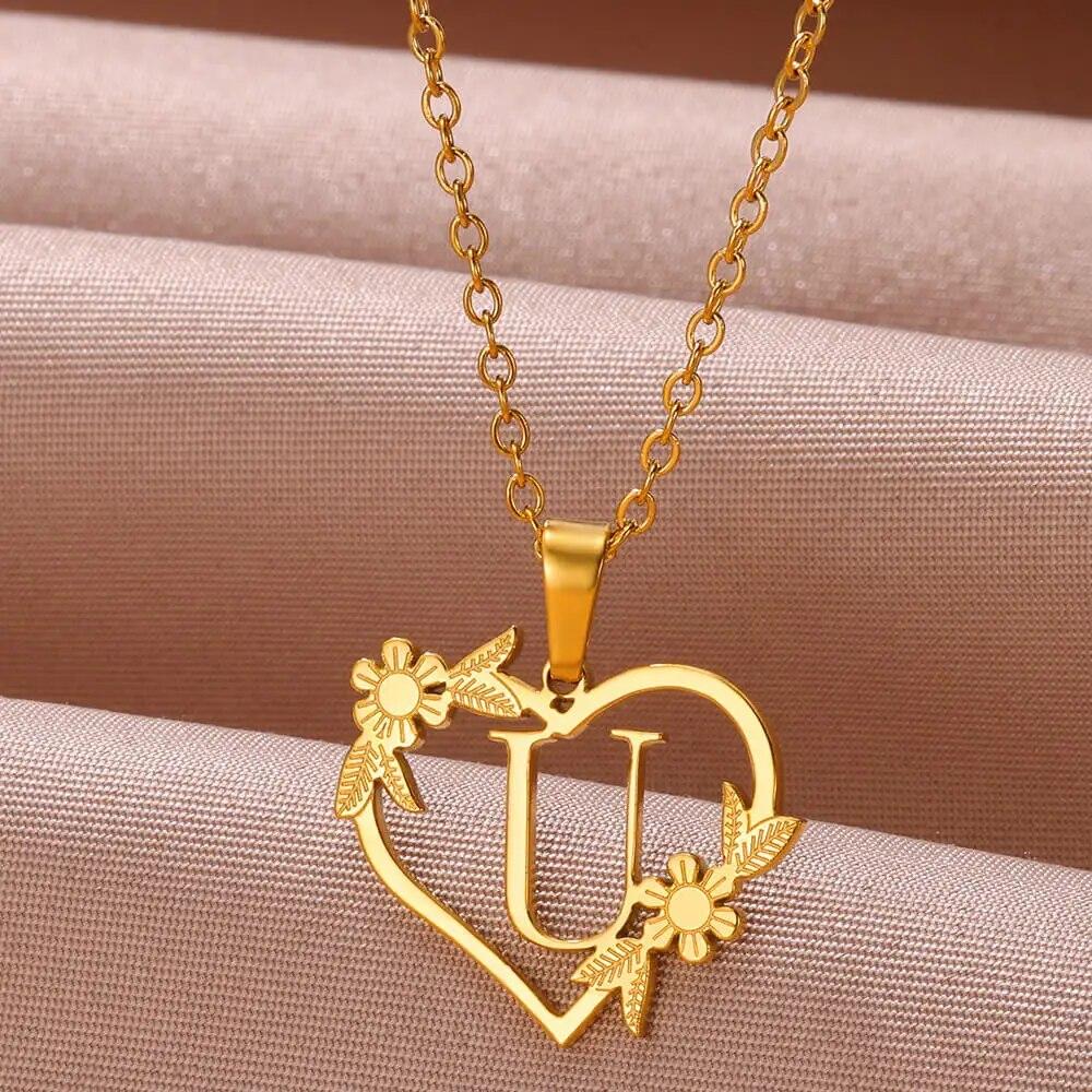 Zlatá farba Jemný kvetinový náhrdelník s iniciálami pre ženy a dievčatá z nehrdzavejúcej ocele Srdiečko s písmenom Choker náhrdelník Najlepšie darčeky Abecedné šperky