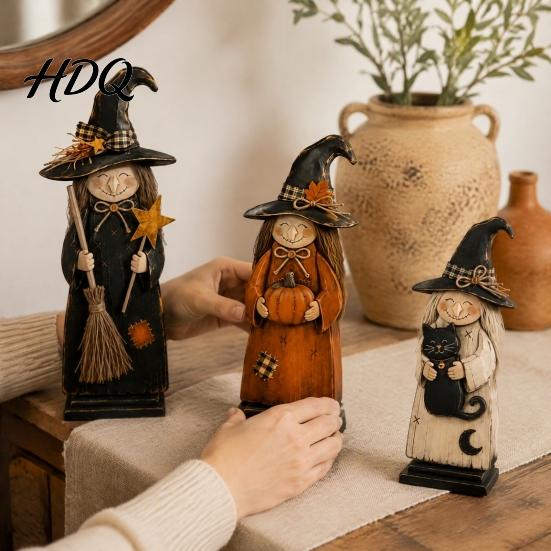 Vintage Style Witch Statue for Shelf Wooden Ornament Retro Halloween Figurine with Broom/Pumpkin/Black Collectible Figures Cat Creative Tabletop