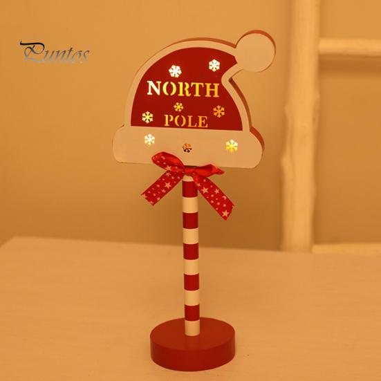 Christmas Street Sign Light with Bowknot Santa Stop Here North Pole Letter Vintage Reusable Xmas Holiday Decoration Desktop Guideboard LED Lamp